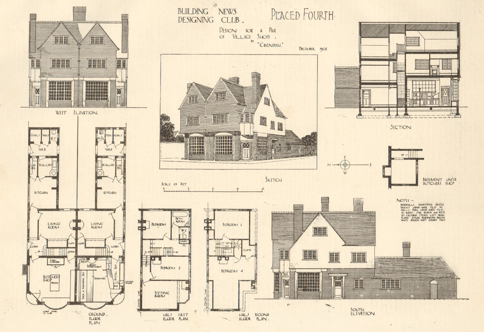 Design for a pair of village shops by Cavendish. Sketch, elevations & plans 1905